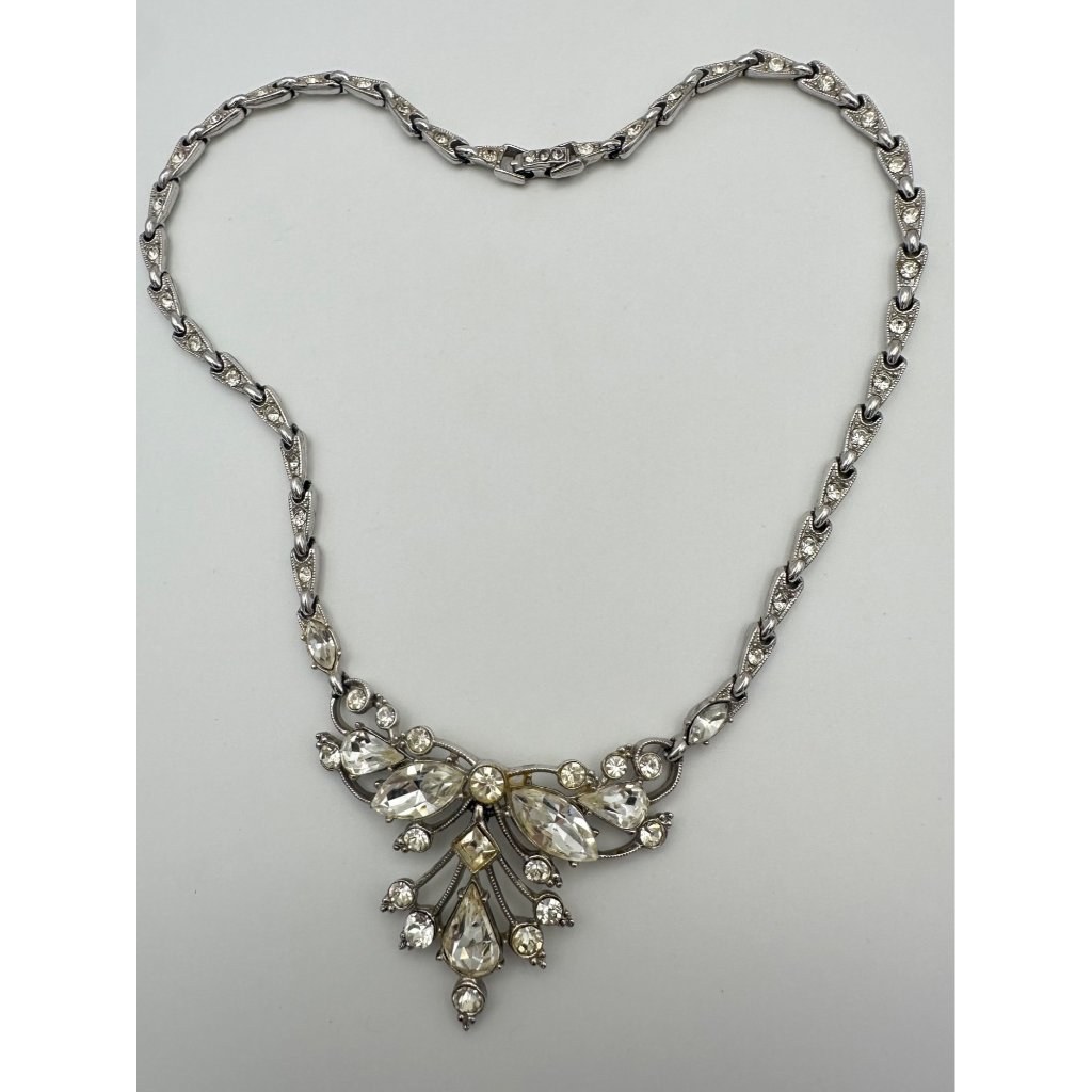 Ora 1940s Vintage Silver Tone Rhodium Plated Clear Glass Rhinestones Necklace